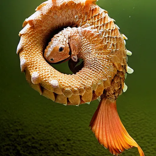 Image similar to a Goldfish with the armor of a pangolin, national geographic photograph