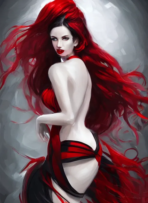 Prompt: a highly detailed illustration of long black hair white woman wearing a red and black dress, dramatic smile pose, intricate, elegant, highly detailed, centered, digital painting, artstation, concept art, smooth, sharp focus, league of legends concept art, WLOP