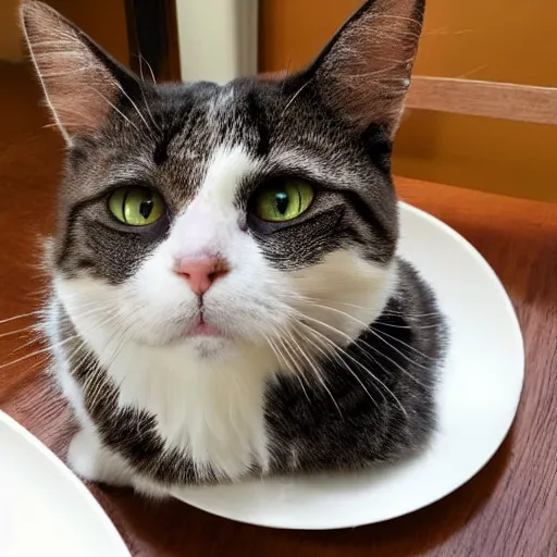 Image similar to a cat with a plate for a face