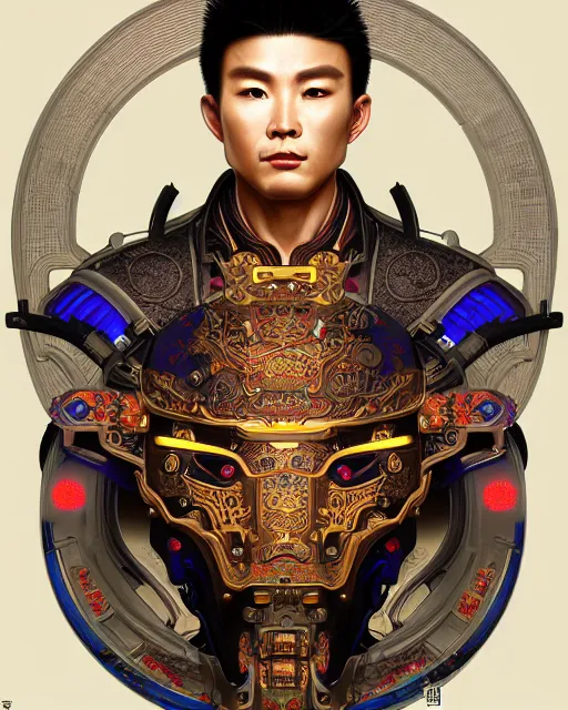 Prompt: portrait of a masculine male cyberpunk machine, machine face, upper half portrait, decorated with chinese opera motifs, asian, fine china, wuxia, traditional chinese art, intricate, elegant, highly detailed, symmetry, headpiece, digital painting, artstation concept art smooth sharp focus, illustration, art by artgerm and greg rutkowski alphonse mucha 8 k