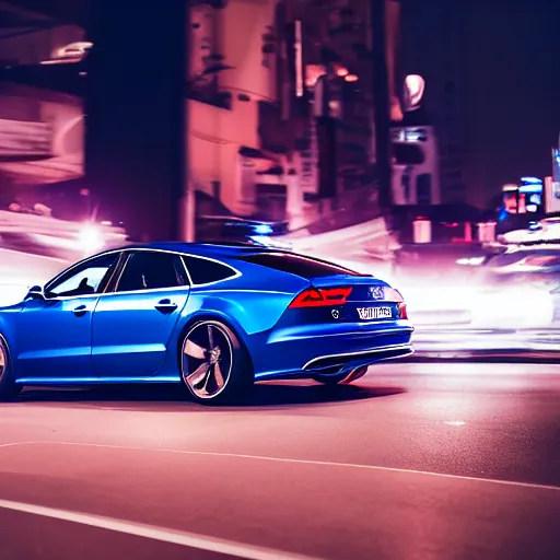 Prompt: photo of a dark - blue audi a 7 sportsback designed by aaple at night driving fast through a shibuya, cinematic, 4 k, long exposure photography, tokyo drift, fast and furious, kodak portra 4 0 0