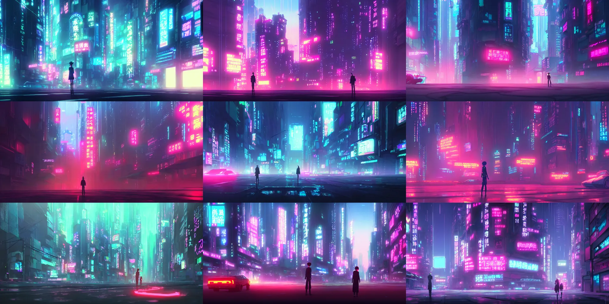 Prompt: a high definition screenshot from the ( ( neon ) ) noir cyberpunk anime film ; a strange dreamworld with ( foggy ) edges, digital painting by makoto shinkai and yoshitaka amano, surrealism, trending on artstation, cinematic