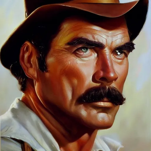 Image similar to ultra realistic portrait painting of tom selleck as indiana jones, art by frank frazetta, 4 k, ultra realistic, highly detailed, epic lighting