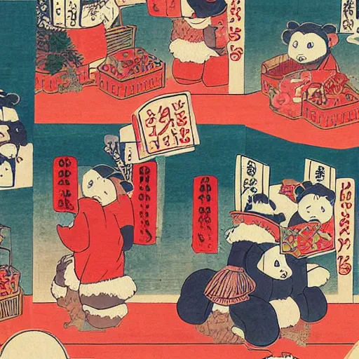 Image similar to Teddy bears shopping for groceries in the style of ukiyo-e