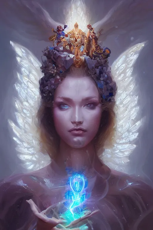 Prompt: face closeup of a beautiful model casting magic spell holding diamonds, angel, fantasy, dramatic lighting, highly detailed, digital painting, holding electricity, magic the gathering, hyper detailed, 3 d render, hyper realistic detailed portrait, peter mohrbacher, wlop, ruan jia