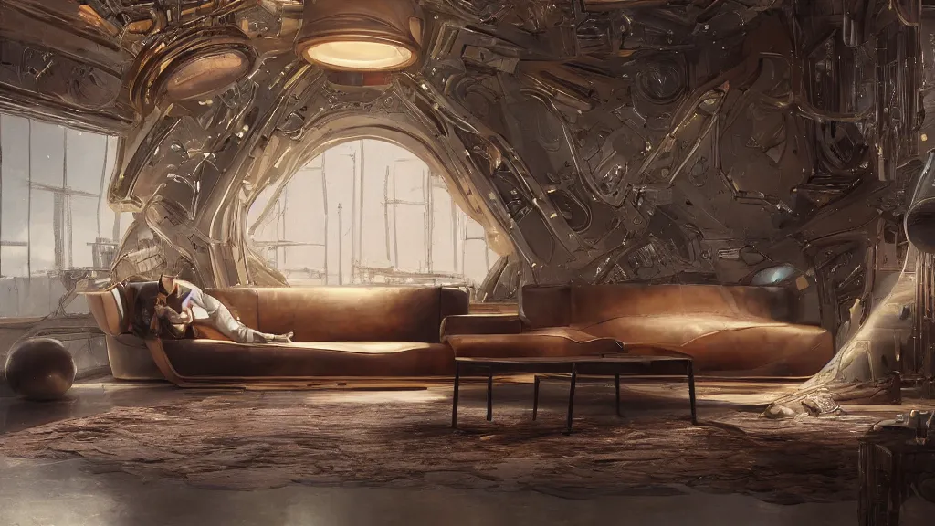 Prompt: a futuristic cozy leather couch, by wlop by jungyeonmin and james jean jhonseru jsezz artstation and greg rutkowski, with some wood and gold details, biomechanical, lens orbs, global illumination, lounge, volumetric lighting, granular detail, japandi, hyperrealist, micro details, blender, vray