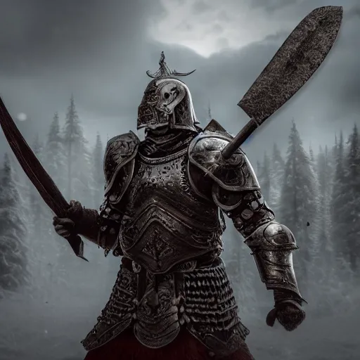 Image similar to full-body-portrait photo brutal nordic Warrior, wearing intricate steel armor, holding magical fiery battle-axe, sharp focus, highland landscape with few trees background, magical aura, heroic pose, fantasy style, octane render, volumetric lighting, 8k high definition, highly detailed, trending on ArtStation, centered