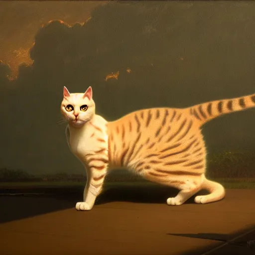 Prompt: 'impressive modern painting of a realistic cat by George Inness, Gerald Brom and Mike Winkelmann, drop shadow, Unreal Engine, RTX, Octane, 4K'