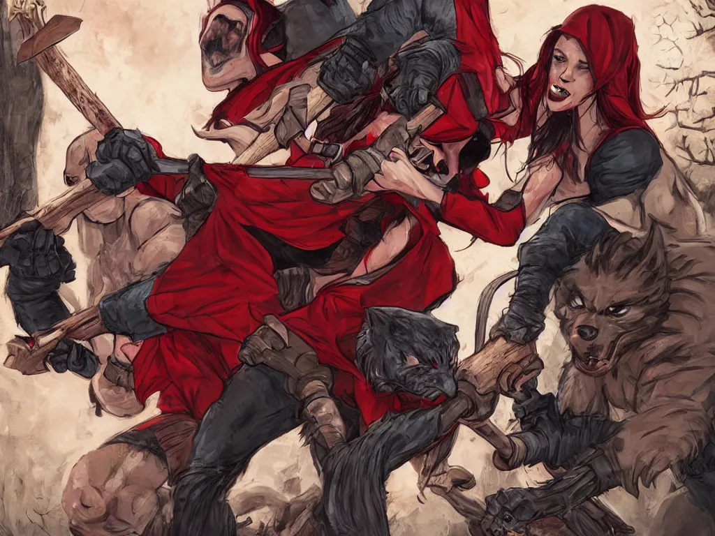 Prompt: a girl in a red hood with a twohanded axe fights with a werewolf