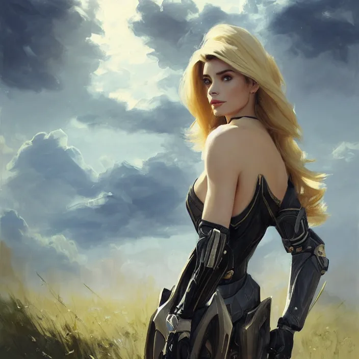 Prompt: portrait of a combination of Ashley Greene, Adriana Dxim, Grace Kelly and Lily Collins with blonde hair wearing Warframe armor, countryside, calm, fantasy character portrait, dynamic pose, above view, sunny day, thunder clouds in the sky, artwork by Jeremy Lipkin and Giuseppe Dangelico Pino and Michael Garmash and Rob Rey and Greg Manchess and Huang Guangjian and Makoto Shinkai, very coherent asymmetrical artwork, sharp edges, perfect face, simple form, 100mm