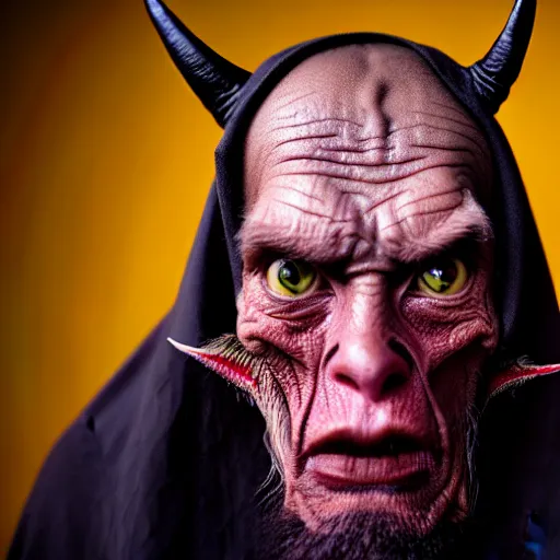 Image similar to uhd photorealisitc candid photo of satan. correct costume. correct face, accurate face. photo by annie leibowitz and steve mccurry