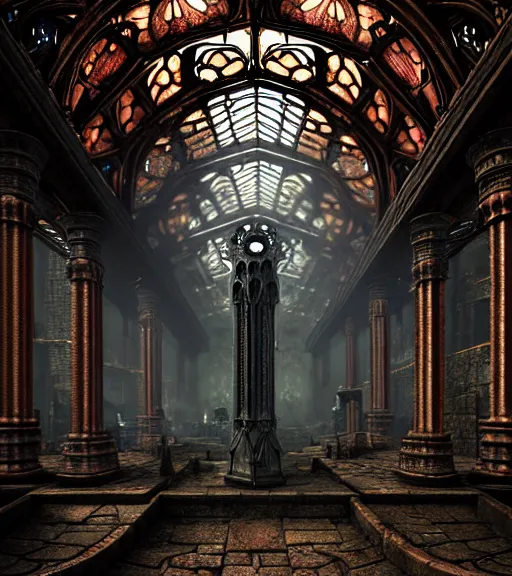 Image similar to steam necropolis, memento mori, gothic, neo - gothic, art nouveau, hyperdetailed copper patina medieval icon, stefan morrell, philippe druillet, ralph mcquarrie, concept art, steampunk, unreal engine, detailed intricate environment, octane render, moody atmospherics, volumetric lighting, ultrasharp, ominous, otherworldly