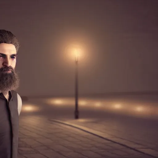 Prompt: a long, dark haired man with a light beard, dressed casually offering a handshake towards the camera, cinematic, gloomy background, realistic, digital art, character art, 8 k