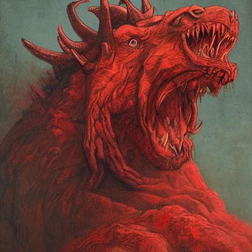 Image similar to a masterpiece! photographic portrait of a scarlet - colored!! beast!! with seven heads!! and ten horns!! by gustave dore and sam spratt and allen williams, trending on artstation, cgsociety, 8 k hd, earthtone colors, a cloaked woman riding the back of the beast