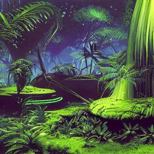 Prompt: alien artifacts in the jungle, lost alien tech, ancient alien tools and houses, tropical forest, moss, glowing alien circles and monuments, alien relic, syd mead, john harris, art station
