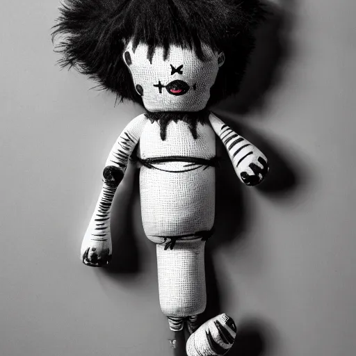 Prompt: a living large voodoo doll with needles, black and white photo, 4k, realistic, real photography, hyperreal