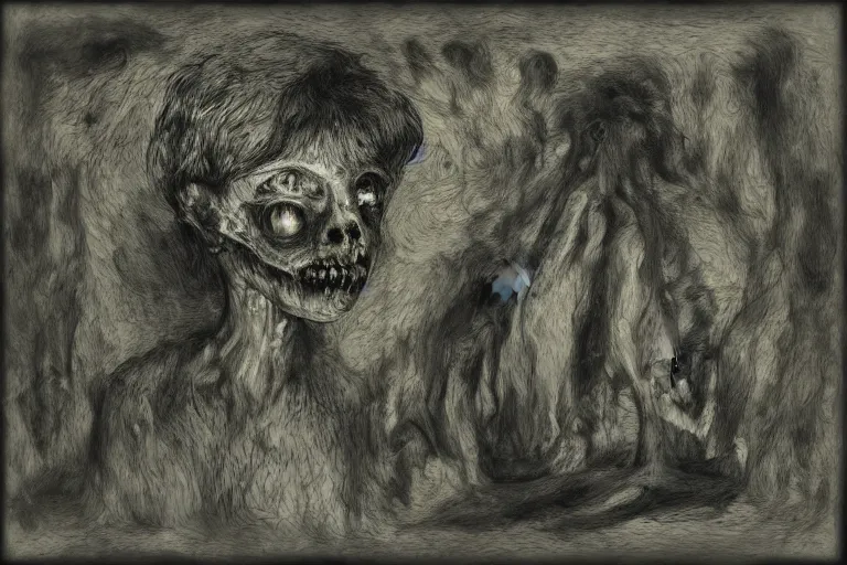 Image similar to found footage of a terrifying cryptic monster, dark deep black shadows, in the style of trevor henderson and james ensor goya, liminal space, 3 d render, glitch effect