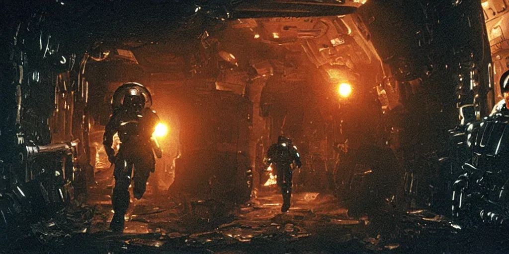 Image similar to color film still, a space marine exploring the interior of a dark, badly cluttered settlement ; alien 2 ( 1 9 8 6 )