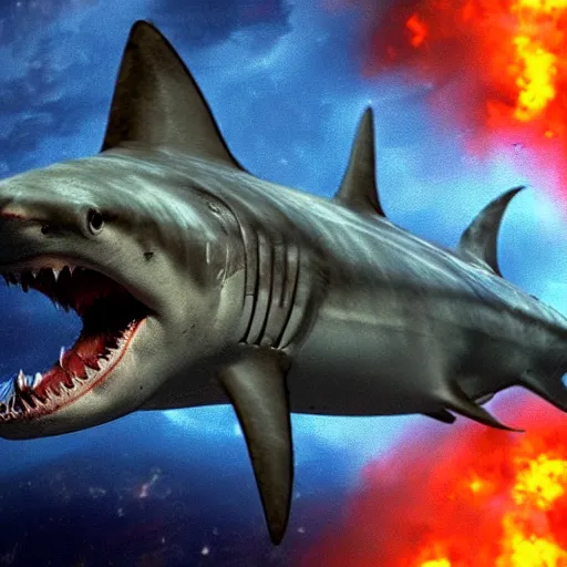 Image similar to Still from the movie Sharknado, in space with angry sharks floating on the left in front of the interstellar space filled with stars, ready to attack the planet earth on the right. Cinematic, technicolor, breathtaking.