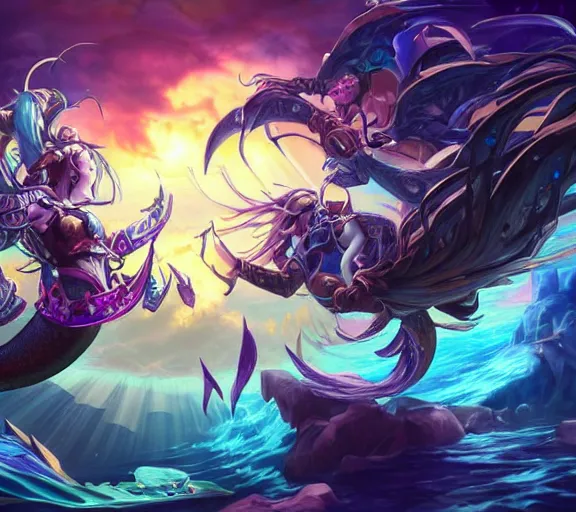 Image similar to two mermaids fistbumping in midair crepuscular rays behind fistbump, whimsical, dungeons and dragons, league of legends splash art, heroes of the storm splash art, hearthstone splash art, world of warcraft splash art, overwatch splash art, art by artgerm, art by alphonse mucha, intricately detailed, highly detailed, trending on artstation,