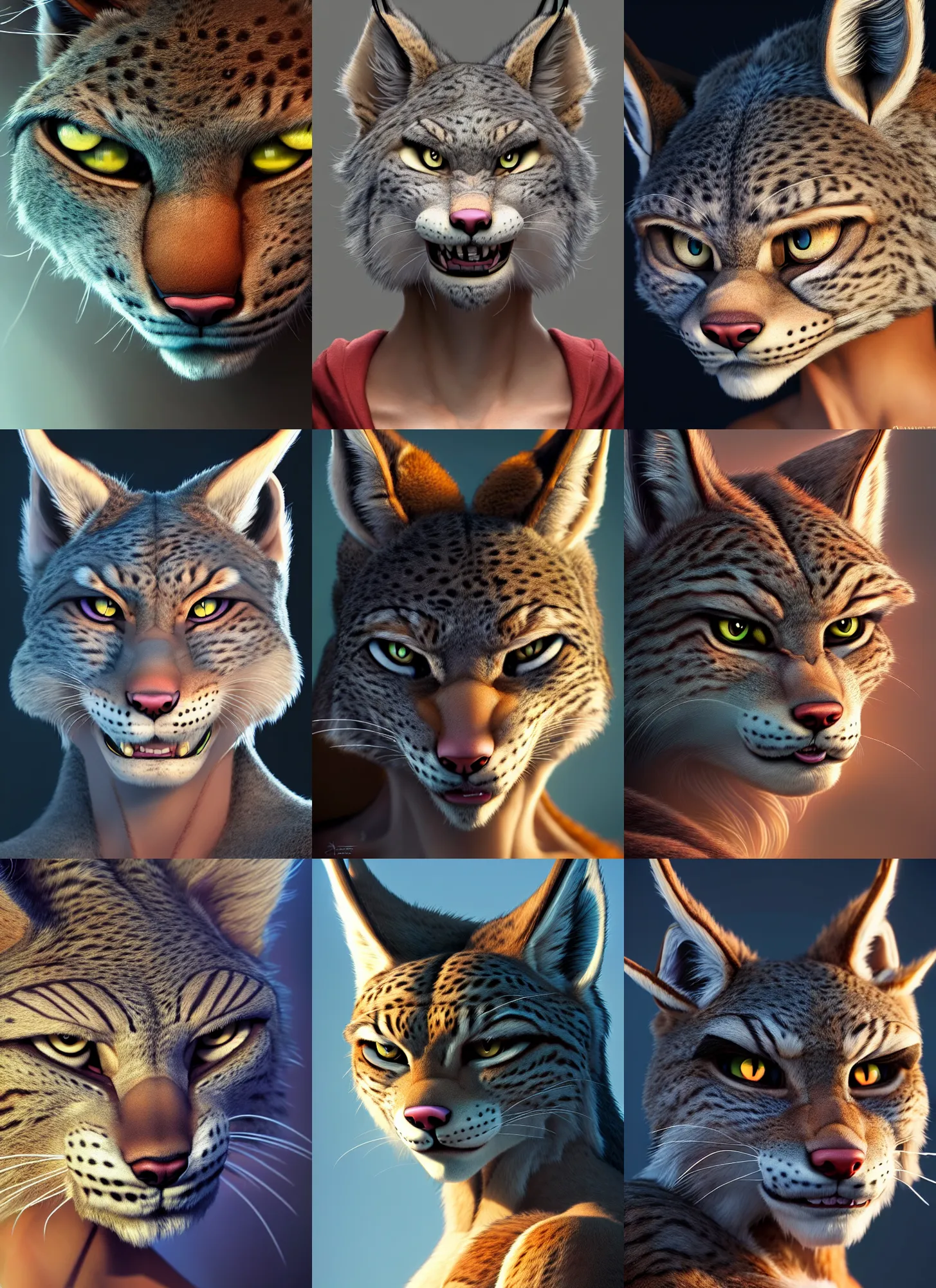 Prompt: beautiful close up portrait of a strong female anthropomorphic anthro lynx fursona, face only, angry, character design by disney, anime, manga, charlie bowater, ross tran, artgerm, and makoto shinkai, detailed, soft lighting, rendered in octane