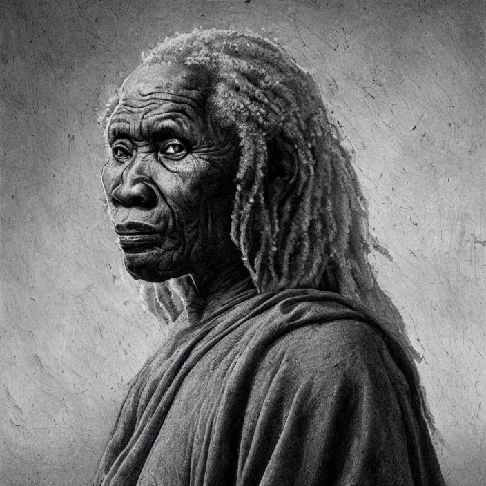 Prompt: a painting of a wise elder from Africa by Leonardo da Vinci . dramatic angle, ethereal lights, details, smooth, sharp focus, illustration, realistic, cinematic, artstation, award winning, rgb , unreal engine, octane render, cinematic light, macro, depth of field, blur, red light and clouds from the back, highly detailed epic cinematic concept art CG render made in Maya, Blender and Photoshop, octane render, excellent composition, dynamic dramatic cinematic lighting, aesthetic, very inspirational, arthouse.