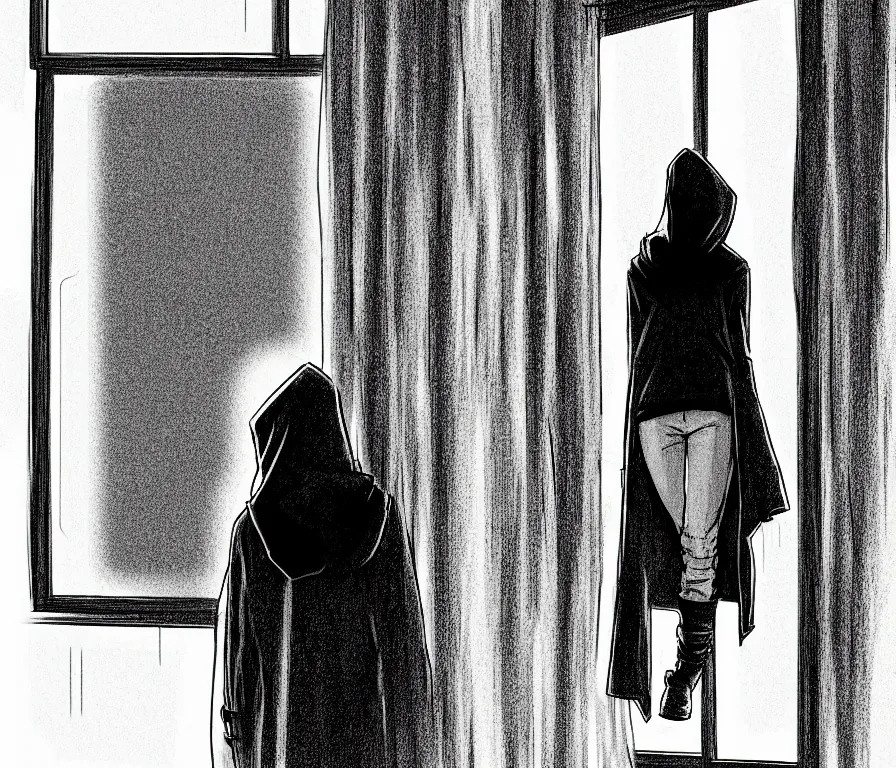 Image similar to sadie sink in hoodie, knees tucked in, on windowsill | rain falls at night : b & w storyboard drawing, scifi cyberpunk. by gabriel hardman, joe alves, chris bonura. cinematic atmosphere, detailed and intricate, perfect anatomy