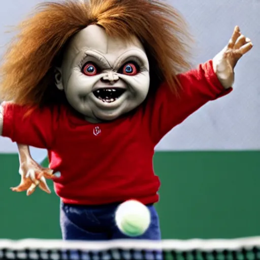 Image similar to cute little screaming chucky doll playing tennis