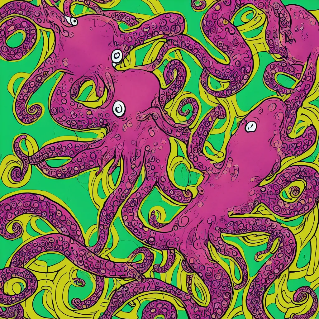 Prompt: caricature of a happy dancing octopus in psychdelic style, robert williams style