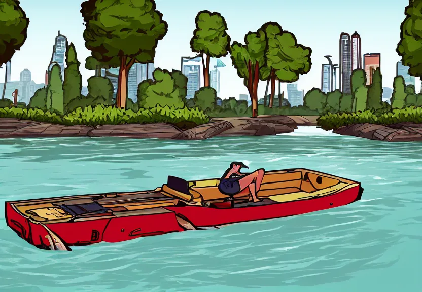 Prompt: A Grand Theft Auto styled illustration, extremely detailed featuring a river in Europe, surrounded by trees and fields. A dinghy is slowly moving through the water. Sun is shining.