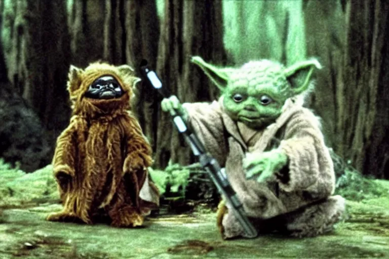 Image similar to furry yoda fighting a slimy ewok, still from star wars film 1 9 7 0