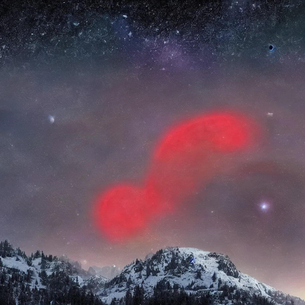 Image similar to A heavily-forested valley surrounded by snow-capped mountains at night, a red nebula and orange gas giant with rings in the sky, no clouds, sci-fi, photorealistic, landscape