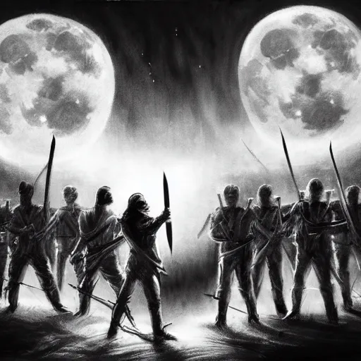 Image similar to hero holding a sword facing an army of the undead, scenic view, dark atmosphere, full moon, moonlight, dynamic lighting, pencil art