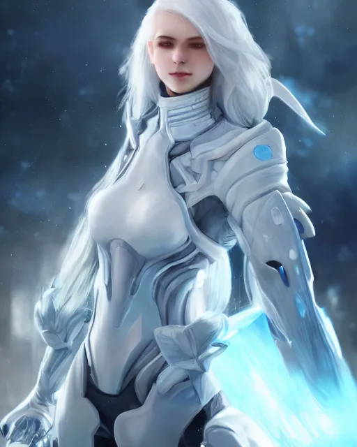 Image similar to perfect white haired girl, warframe armor, beautiful, pretty face, blue eyes, detailed, windy weather, scifi, smiling, platform, laboratory, experiment, 4 k, ultra realistic, epic lighting, glow, high detail, masterpiece, by akihito tsukushi, charlie bowater, ross tran