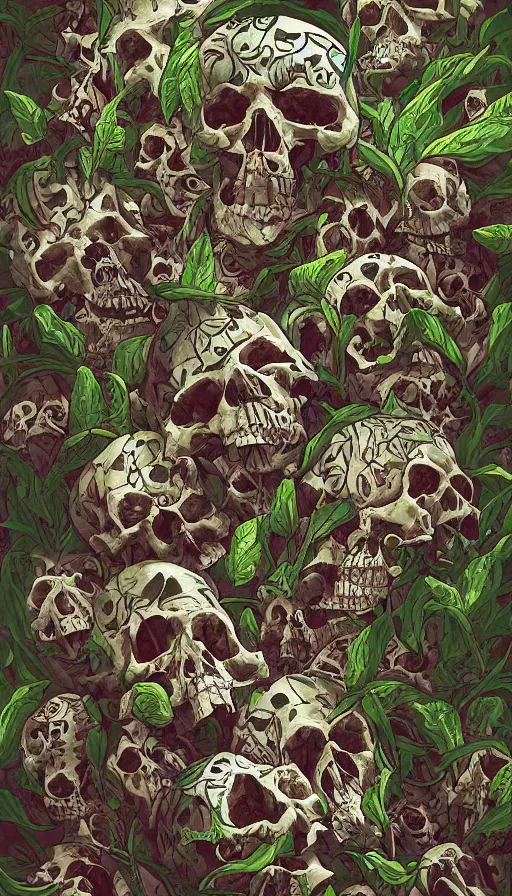 Prompt: a garden of skulls, trending on artstation, detailed digital painting