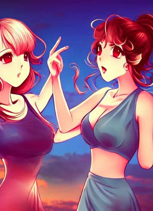 Image similar to two beautiful housewives outside on a hot summer evening, gorgeous faces, thick lines, cinematic lighting, detailed anime art