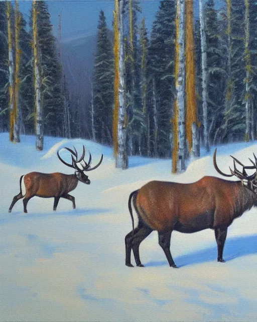 Prompt: altai wapiti with large horns in the altai forest, detailed oil painting