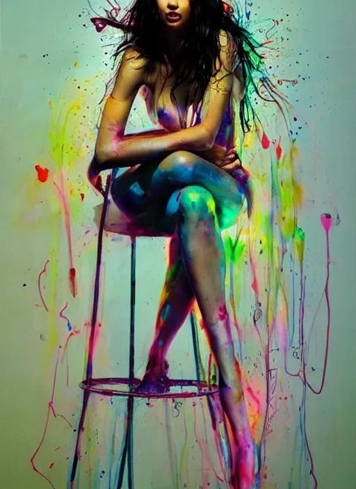 Image similar to adriana lima by agnes cecile and enki bilal, sitting on a stool, bent over posture, full body portrait, extremely luminous bright design, pastel colours, drips, autumn lights