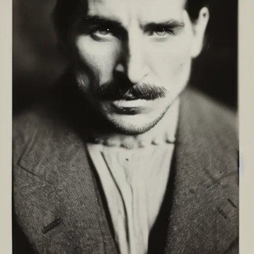 Image similar to headshot edwardian photograph of christian bale, sebastian stan, jon bernthal, 1 9 2 0 s, gang member, intimidating, tough, realistic face, 1 9 1 0 s photography, 1 9 0 0 s, grainy, victorian