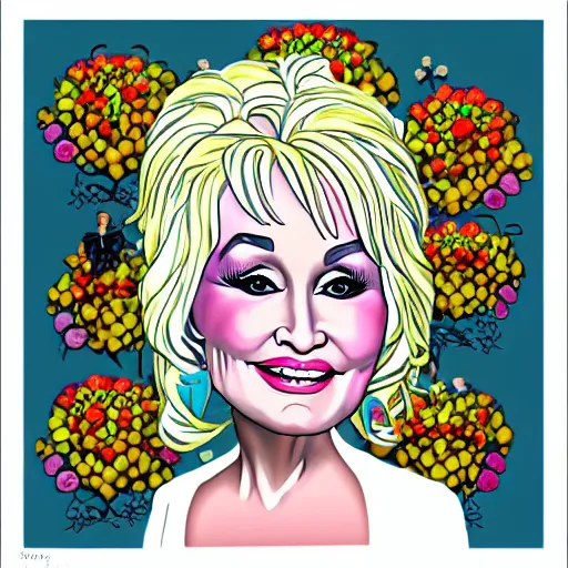 Prompt: Dolly Parton surrounded by flowers in the style of Wes Wilson