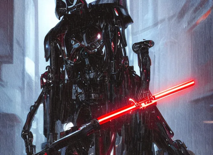 Image similar to 3 5 mm portrait photo of ( general grievous )!! with heavy duty biomechanical cybernetic body with many red lightsabers in the city in the rain. cyberpunk horror in the style of george lucas.