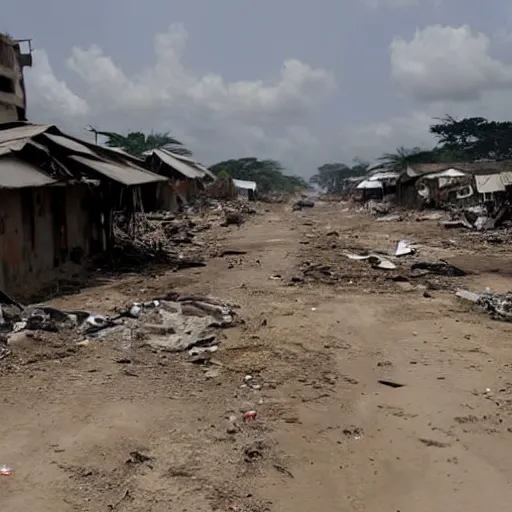 Prompt: wide angle associated press photo of a war zone in liberia