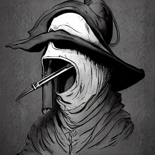 Image similar to a portrait of a plague doctor gunslinger, dark fantasy, horror, western, hell, ultrafine detailed digital pencil art by frank frazetta and vito acconci and and takeshi obata, death note style, colored, symetric body, cgsociety, sharp focus, detailed face