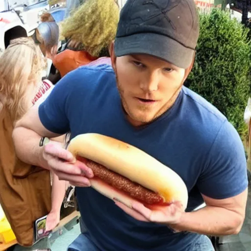 Image similar to Chris Pratt eating a hot dog