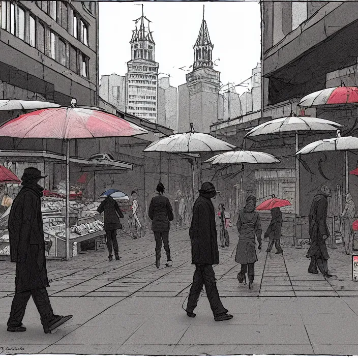 Prompt: market stall with umbrellas for sale, in a square, pedestrians walk past. background of old soviet monument. storyboard, scifi cyberpunk. by gabriel hardman, joe alves, chris bonura. cinematic atmosphere, detailed and intricate, perfect anatomy