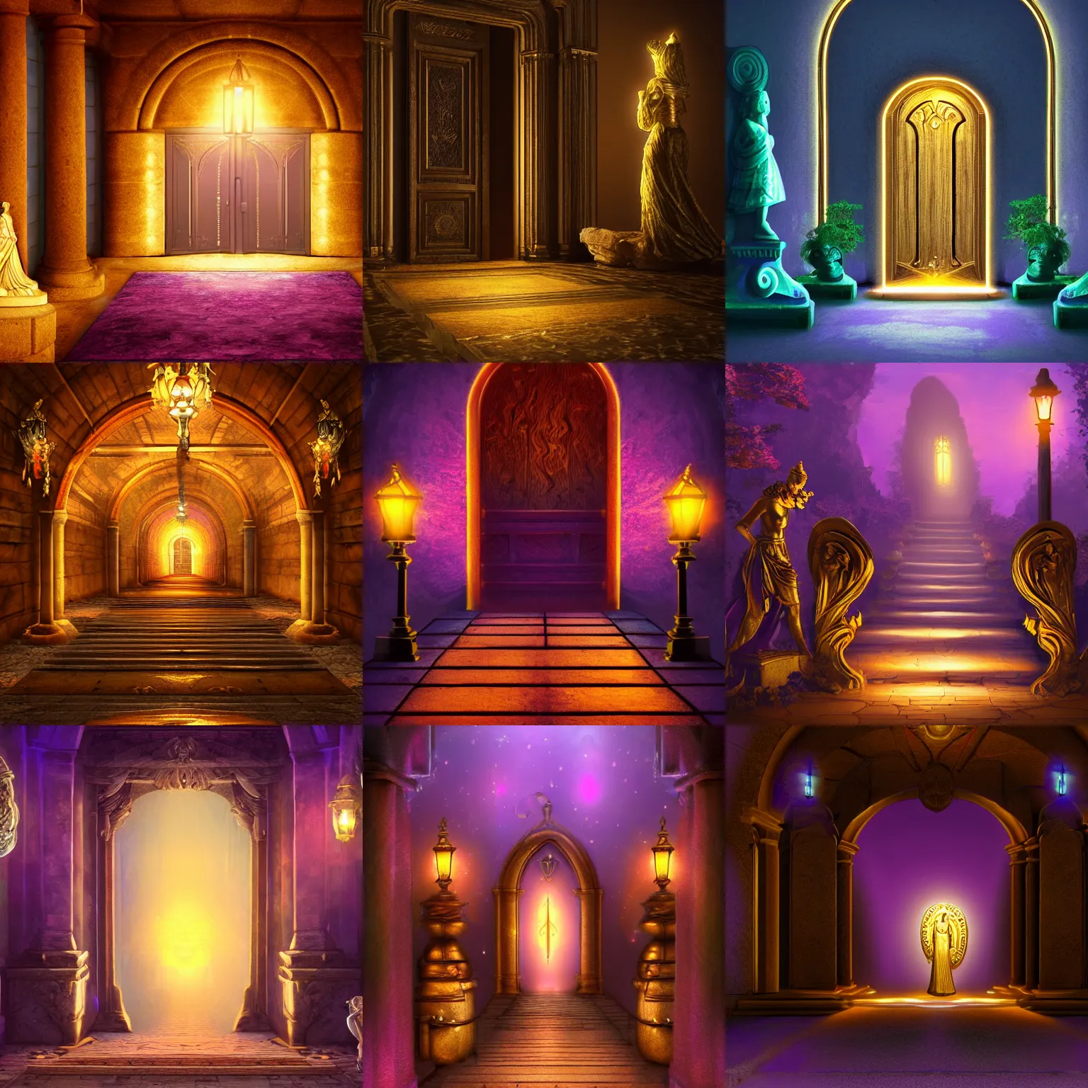 Prompt: path, door, statues, gold, purple lighting, fantasy, digital art, HD, detailed, 4k