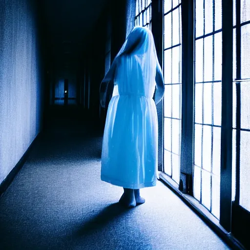 Image similar to “A beautiful photograph of a young girl as a ghost, blue lighting, hallway”