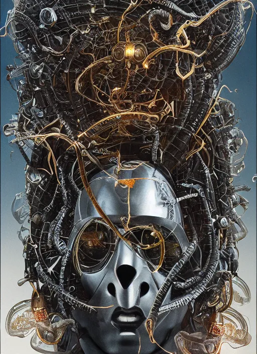 Image similar to portrait of futuristic king arthur knight medusa cyborg, surrounded by drones kintsugi, x - ray, steam and cyberpunk, modern fine art, fractal, intricate, elegant, highly detailed, digital photography, subsurface scattering, by jheronimus bosch and frank miller and greg rutkowski,