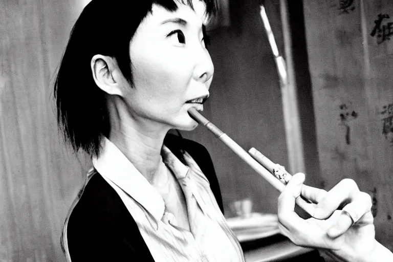 Prompt: Maggie Cheung smoking in a nightclub, b&w, manga, by Inio Asano