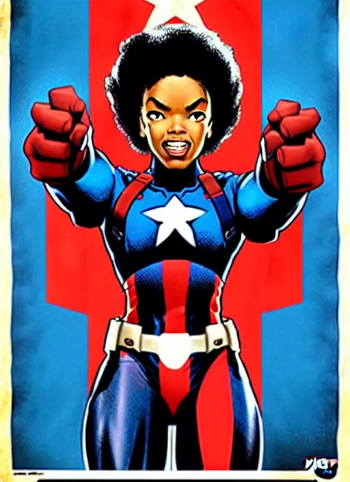 Image similar to beautiful black female captain america. afro - feminist captain america wins wwii. american wwii propaganda poster by james gurney, rob liefeld and pixar. gorgeous face. overwatch, realistic. black power